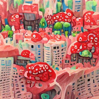 Mushroom City: Detailed Gouache Painting