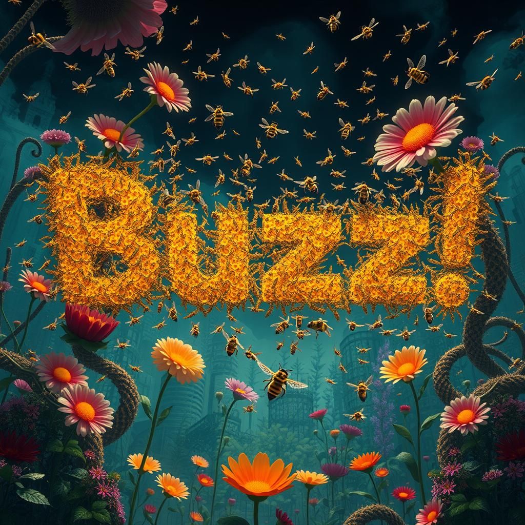Bees Write "Buzz!" in the Sky: A Surreal Illustration