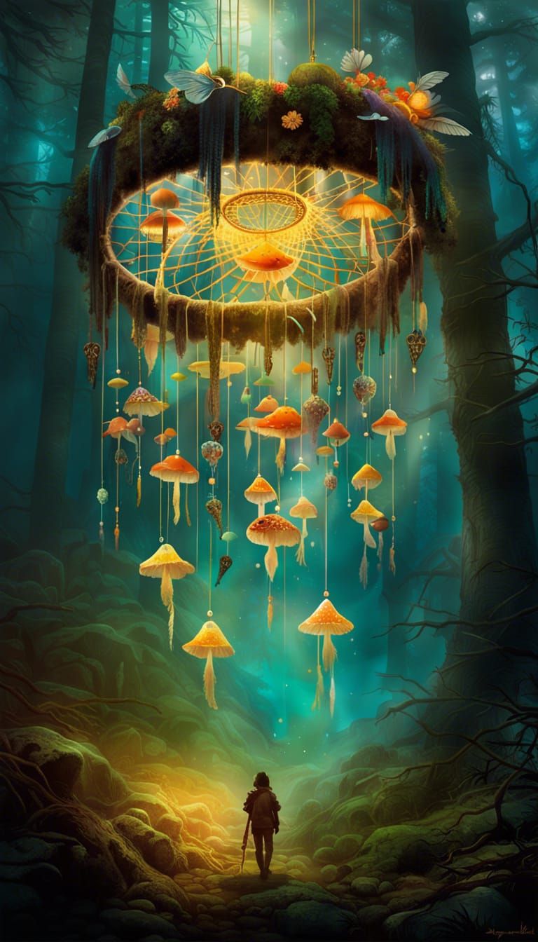 Dreamcatcher Forest with Flying Spirits in Surreal Style