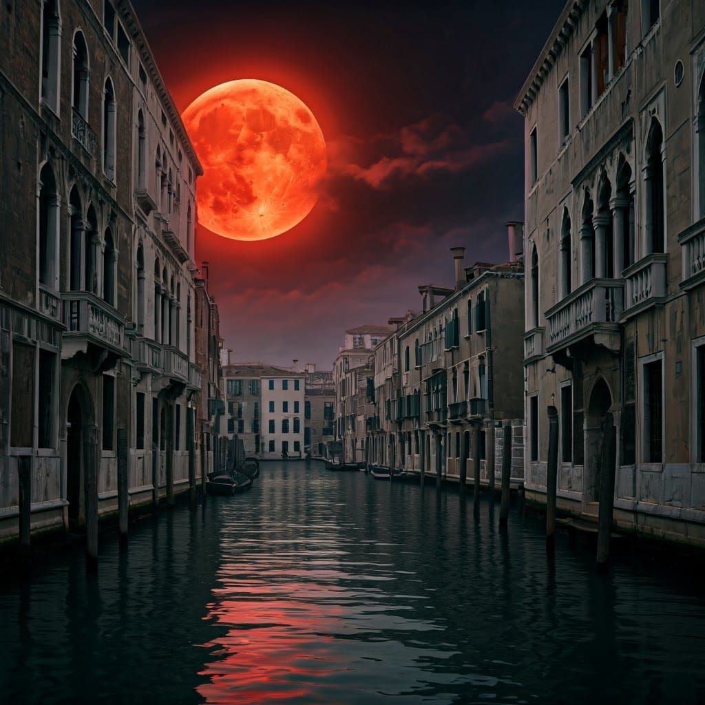 Ominous Red Moon Over Mist-Shrouded Venice