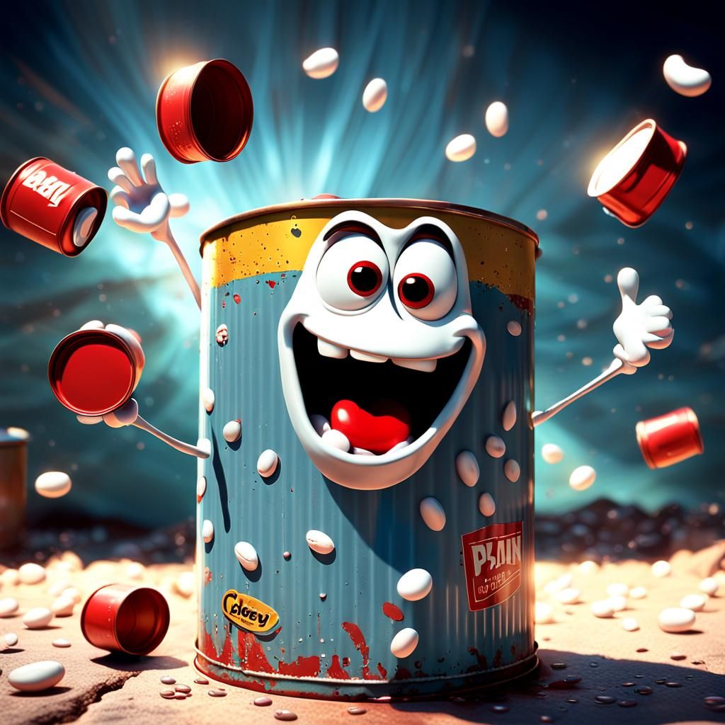 Jumping Beans Bursting From Can in Pixar Style