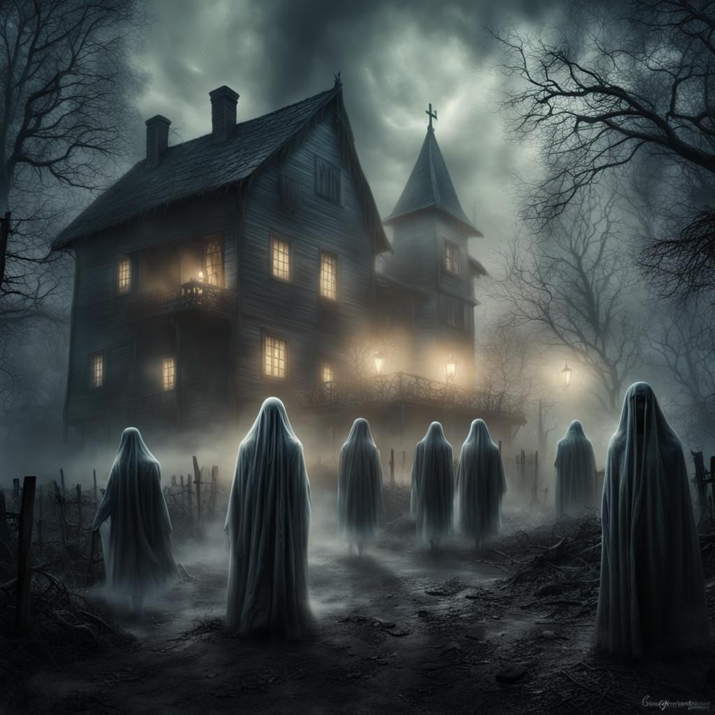 Haunted Village with Ghost in Hyperrealistic Style