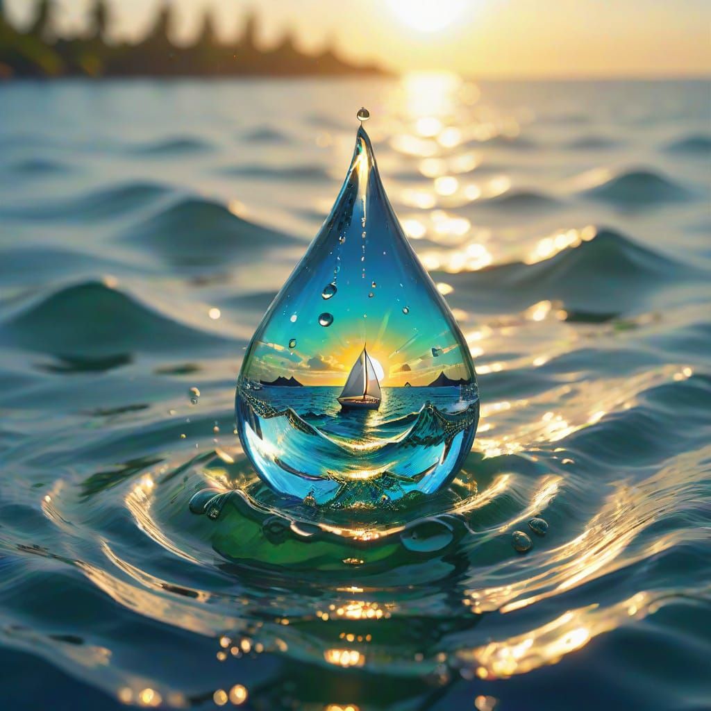 Water Drop Sailboat on Tropical Ocean at Golden Hour
