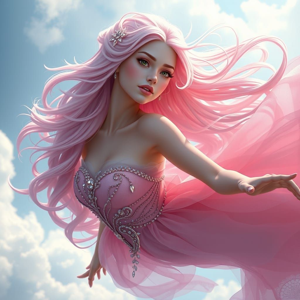 Ethereal Princess Soars Through the Sky in Lavish, Pink Atti...