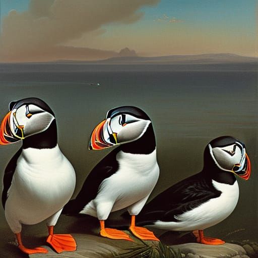 Photorealistic Portrait of Puffins in Watercolor Style