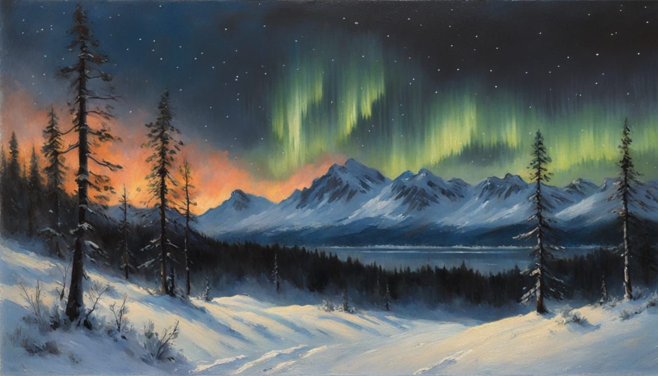 Glowing Northern Lights: Oil Painting Landscape