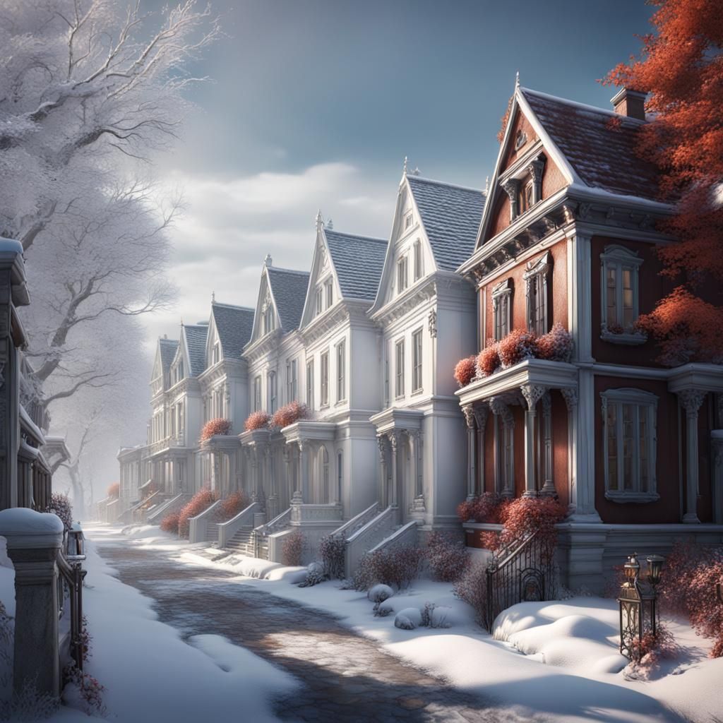 Snowy White Houses in Detailed Matte Painting