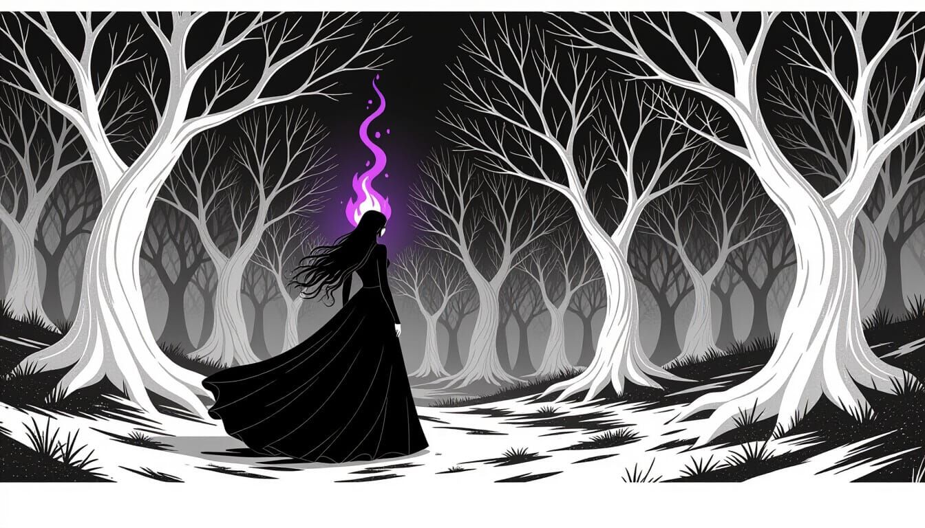 Mystical Woman in Forest with Violet Flame