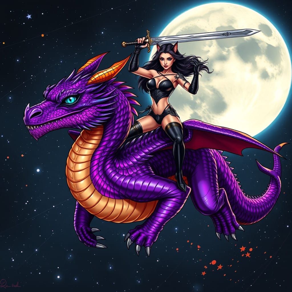 Majestic Dragon Soars with Feline Warrior through Cosmic Ski...