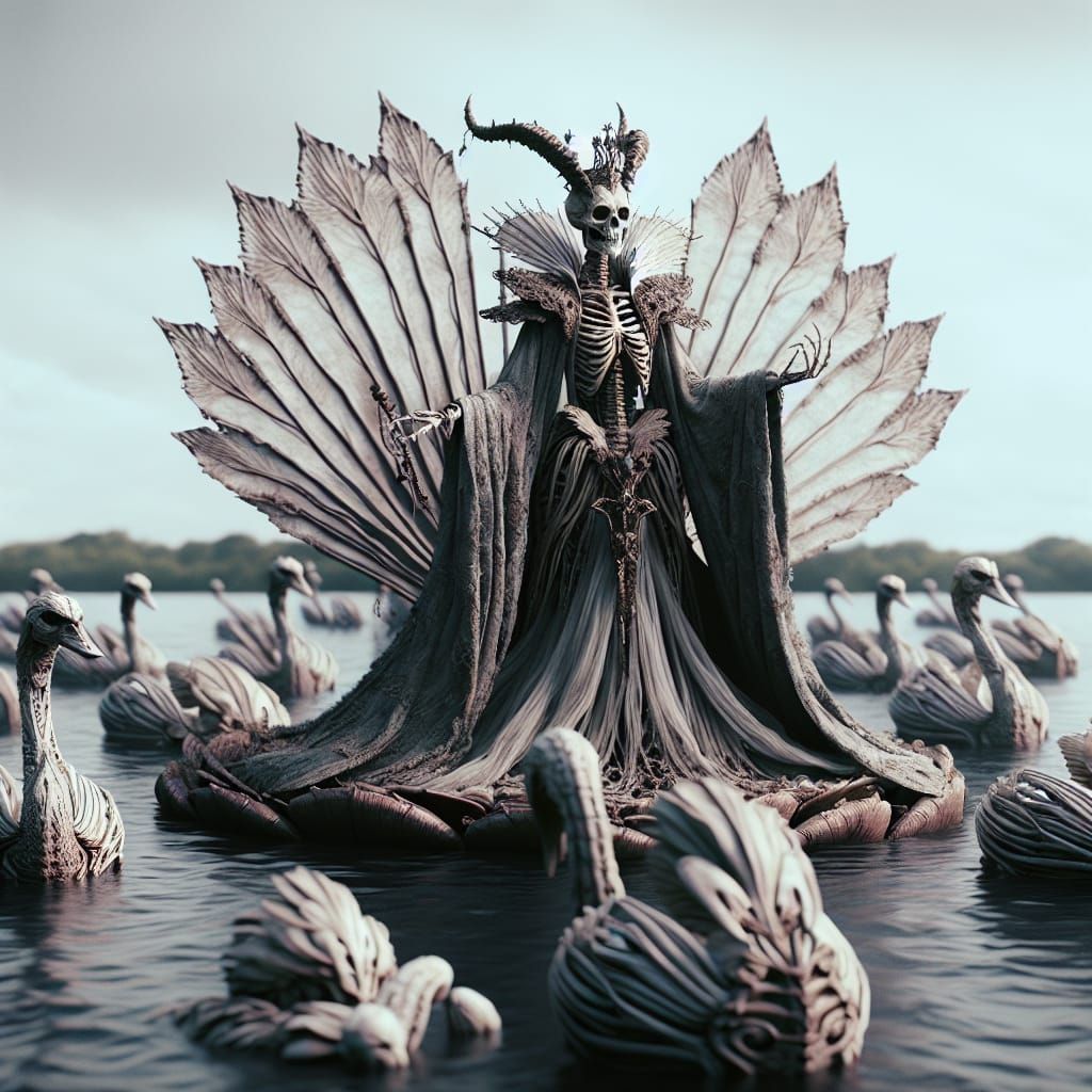 Skeletal Queen on Lily Pad with Swans