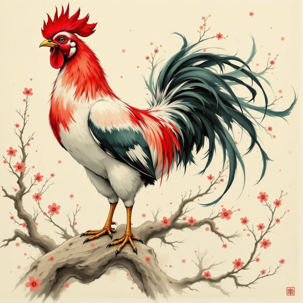 Korean Rooster Adorned with Lempicka-Inspired Petals in Japa...