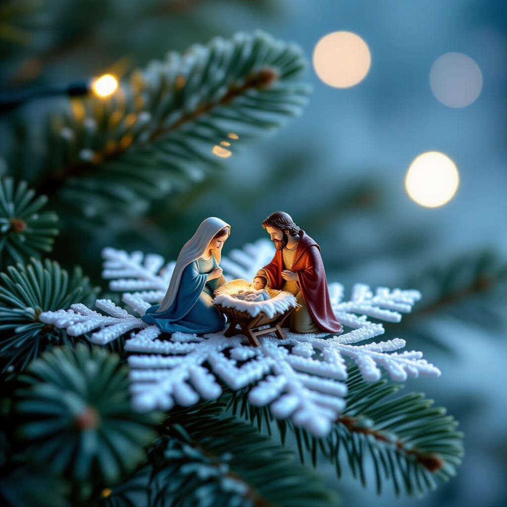 Miniature Nativity Scene on Snowflake