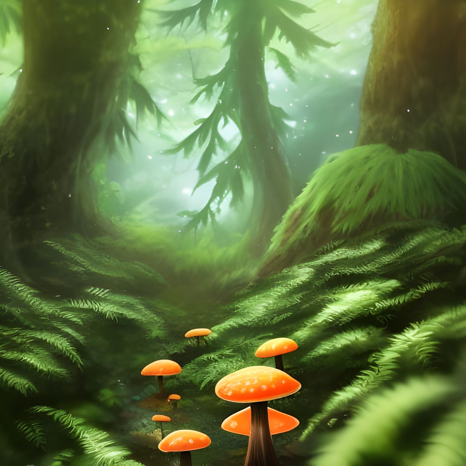 Lush Forest with Orange Mushrooms in Anime Style
