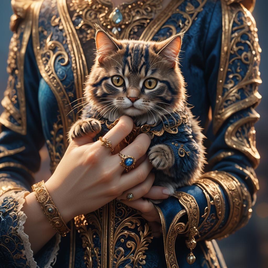Miniature Cat on Finger in Fantasy Scene