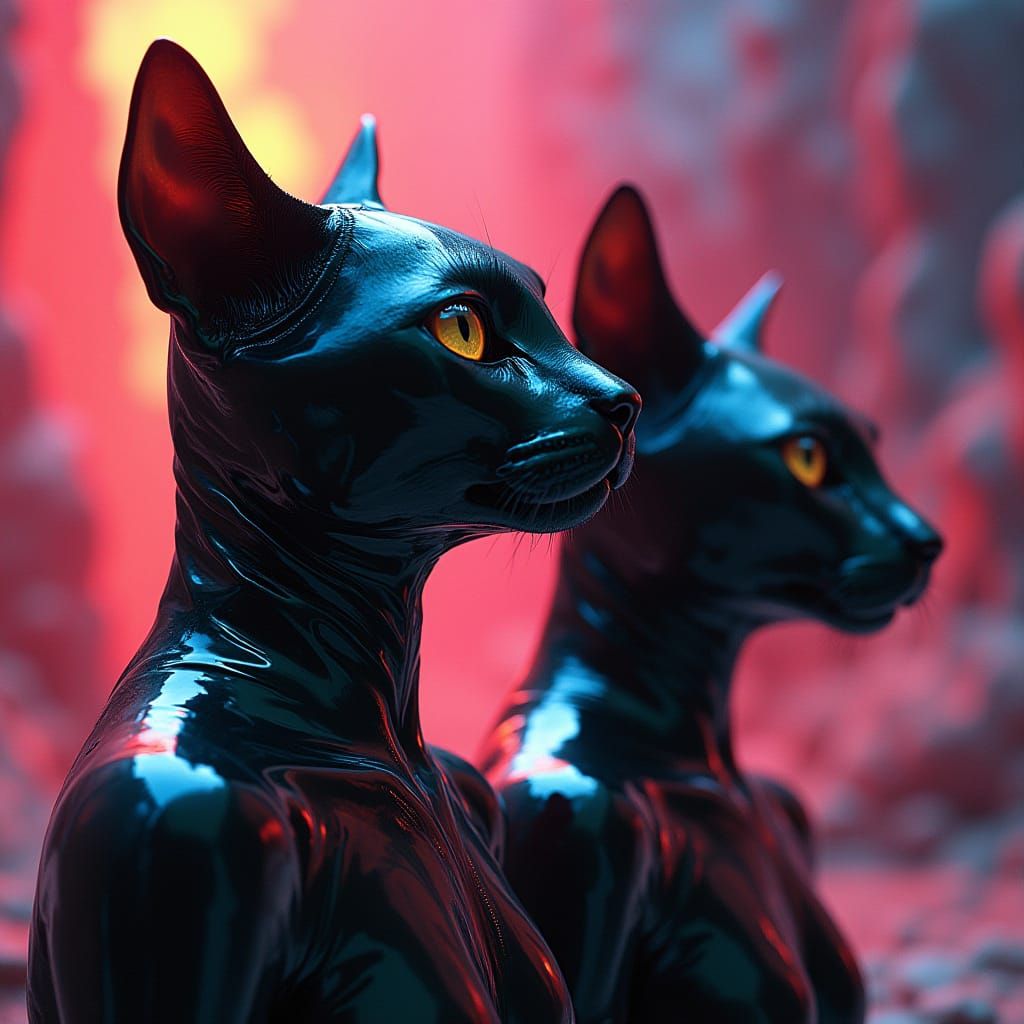 Feline Figures in Latex Catsuits: Dramatic Splash Art