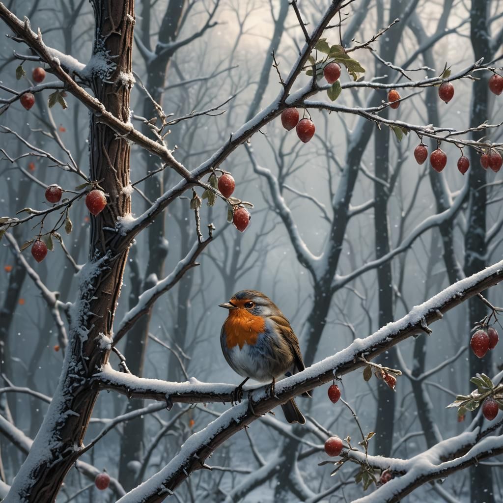 Frozen Robin in Snowy Forest: Digital Matte Painting