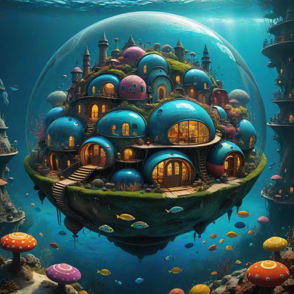 Underwater City in Hundertwasser Style Under Glass Dome