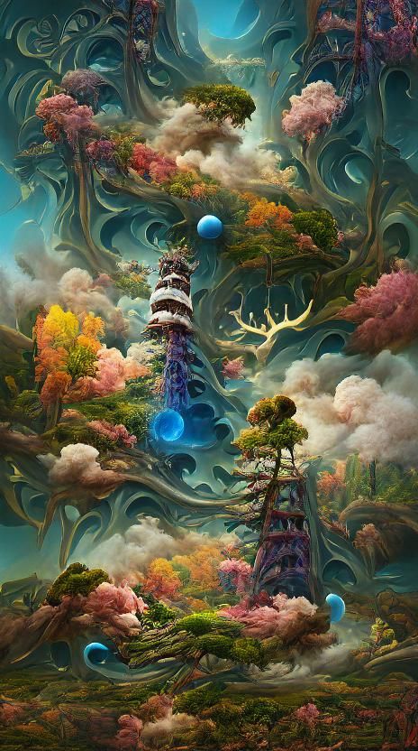 Psychedelic Sci-Fi Woods with Tower in Ukiyo-e Style