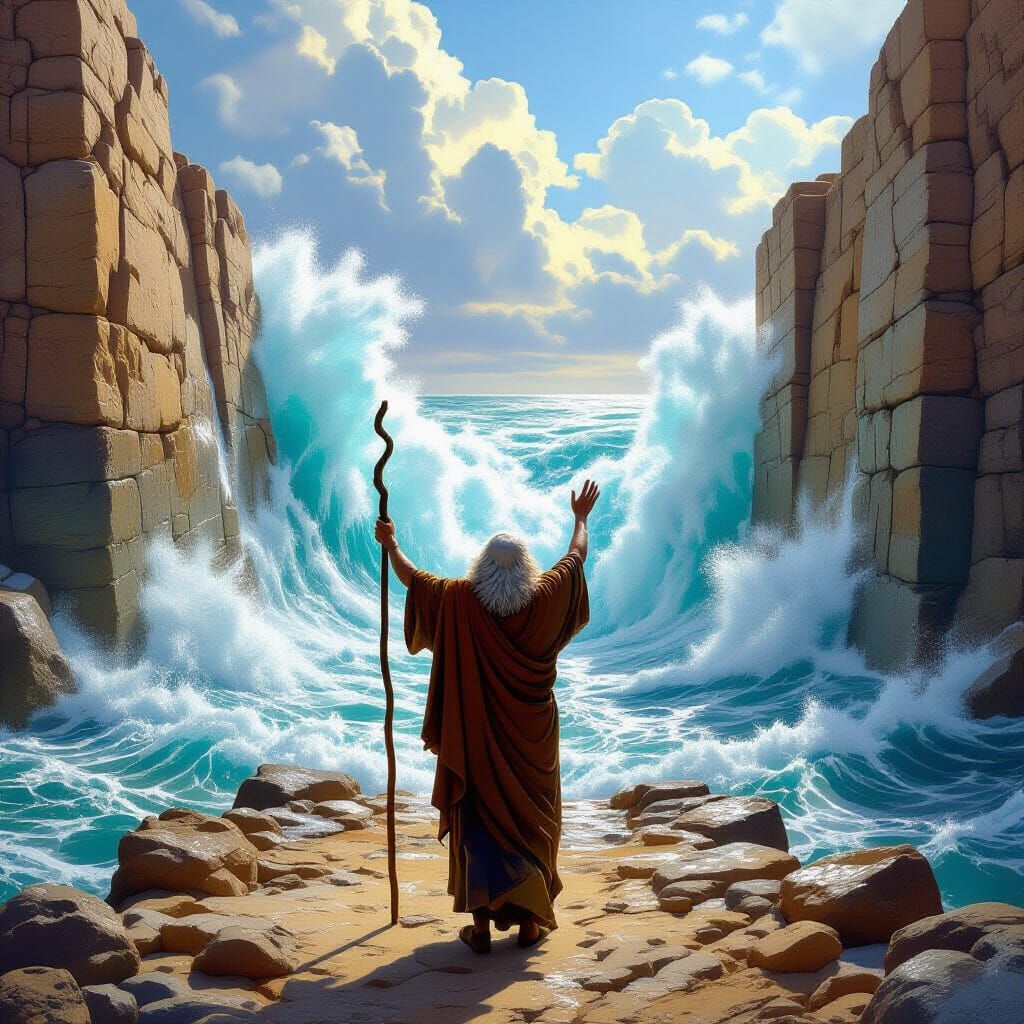 Moses Parts the Red Sea in Biblical Scene