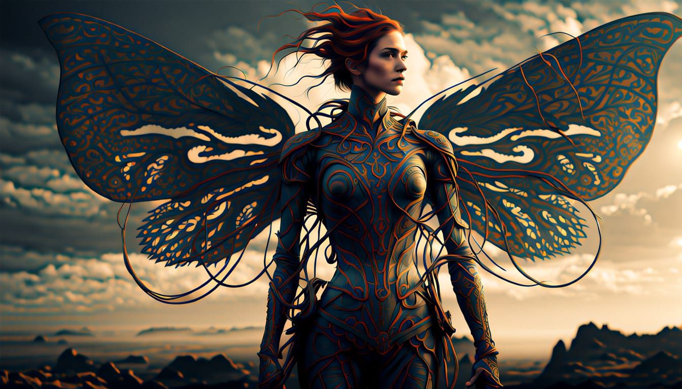 Biomechanical Maenad in Dark Fantasy Garden