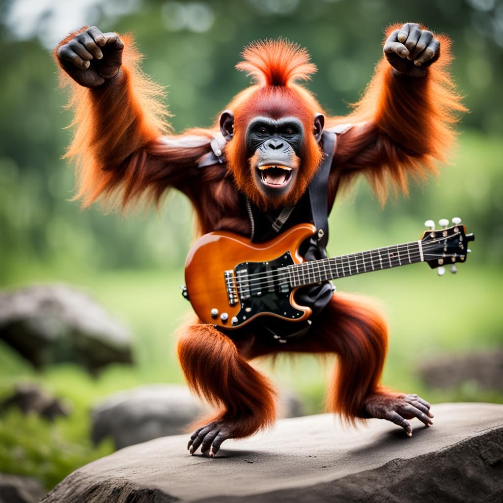Punk Orangutan Rockstar Leaping in Macro Photo