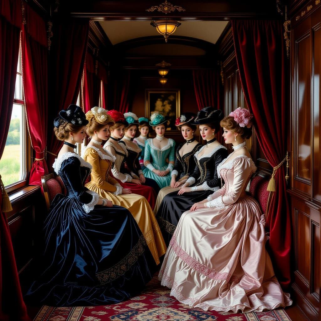 Elegant Women in Train Car, Vermeer-inspired