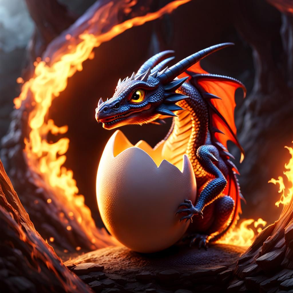 Baby Fire Dragon in Egg, Fantasy Art