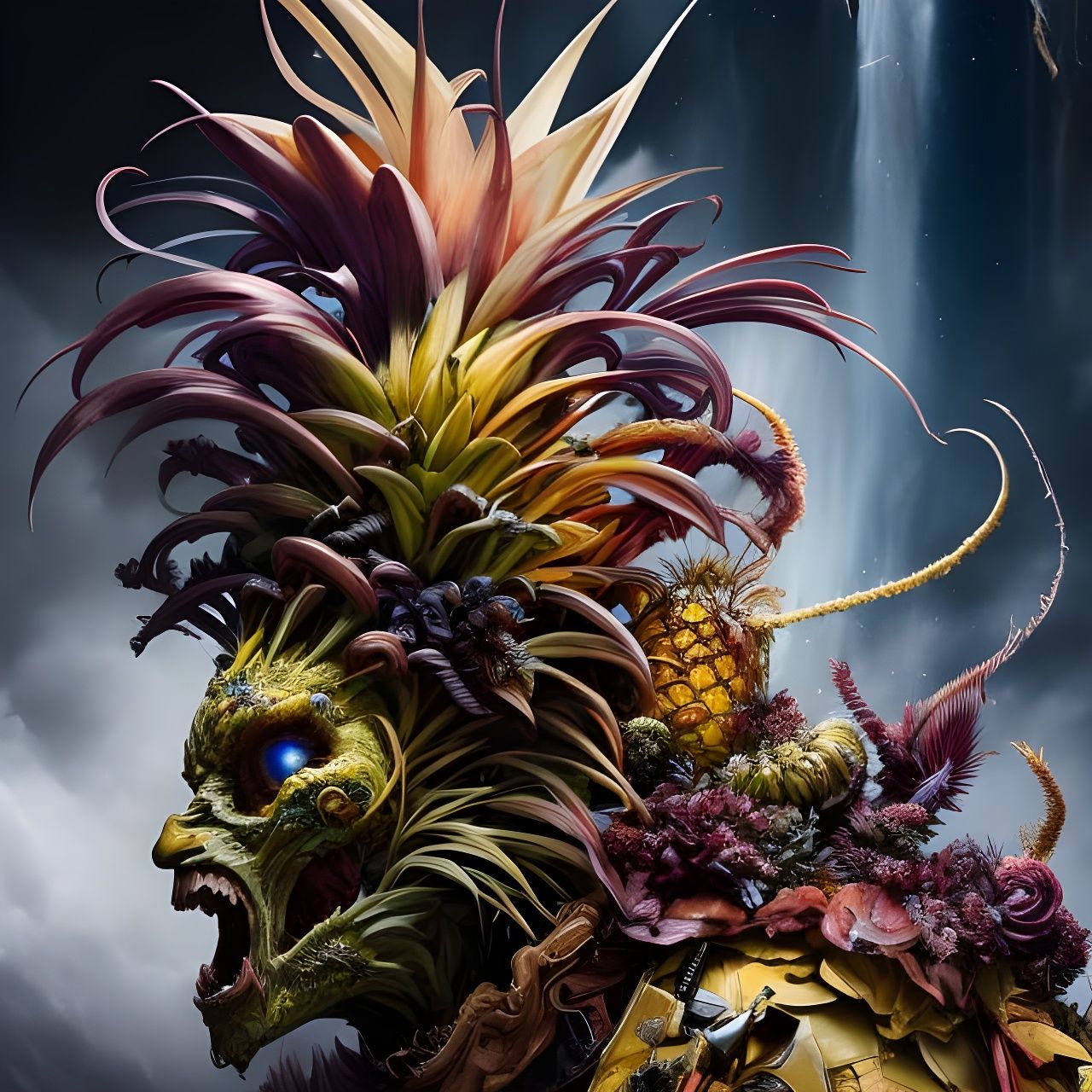 Mutant Pineapple God Portrait: Detailed Digital Art