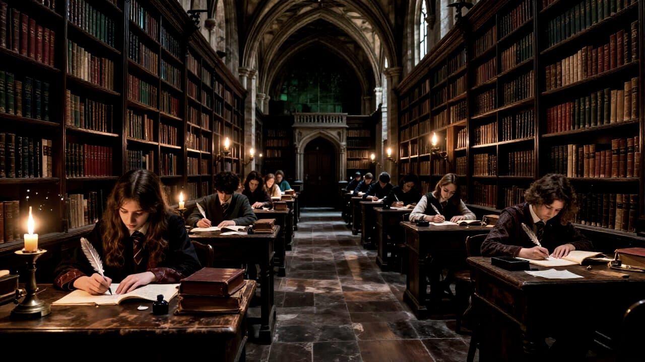 Dark Academia School Scene in Ancient Library