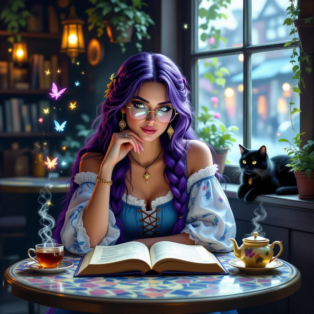 Witch Reading Magic Book in Enchanted Cafe