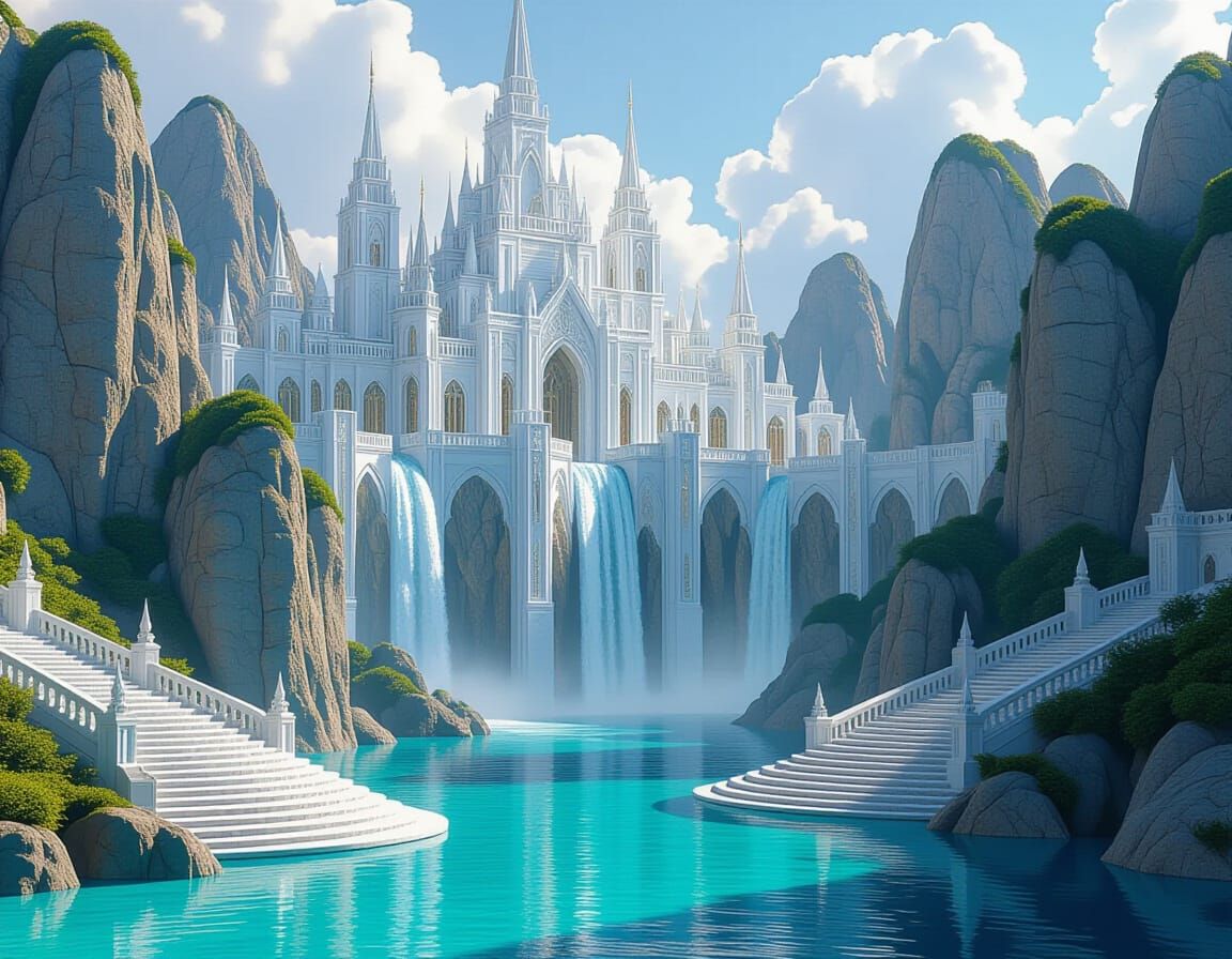 Majestic Elven Palace with Waterfall Coastline