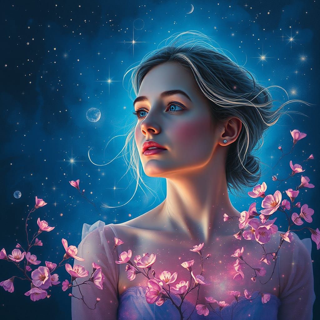 Translucent Woman with Glowing Stars in Astral Painting