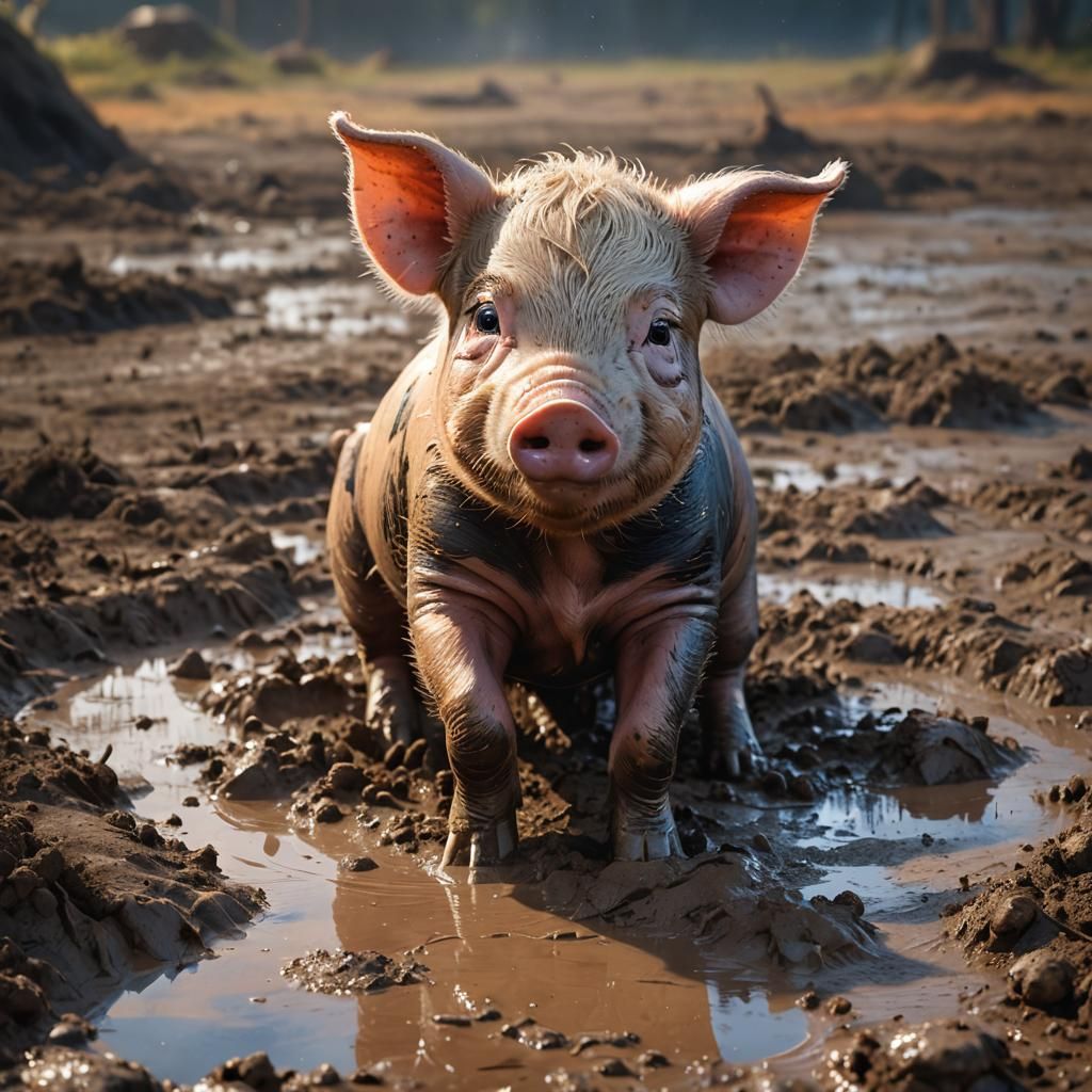 Adorable Piglet Plays in Mud, Hyper-Realistic Digital Art