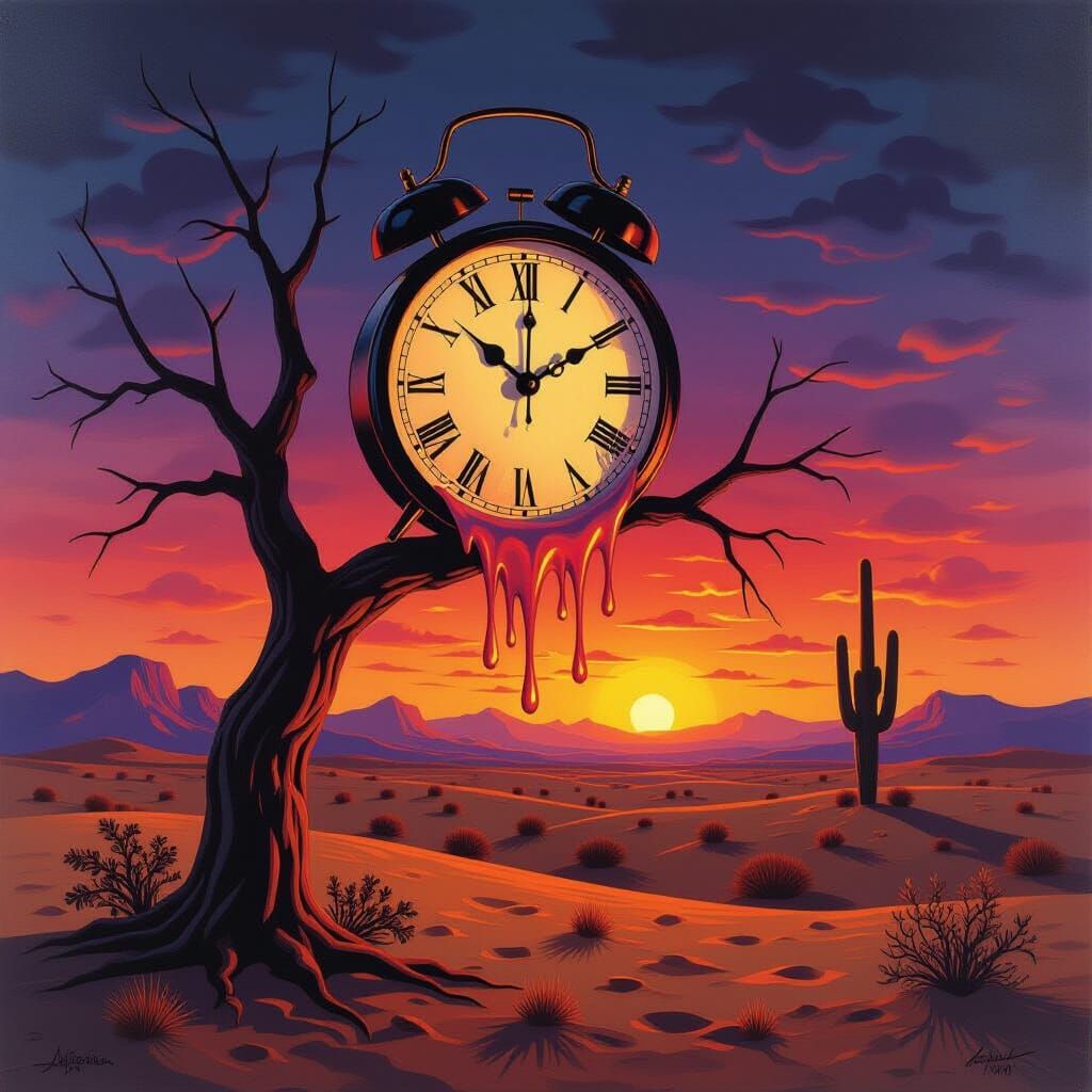 Surreal Melting Clock in Desert Dusk Landscape