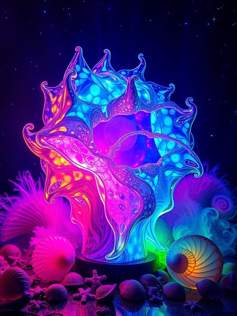 Neon Fractal Stained Glass Sculpture in 8K