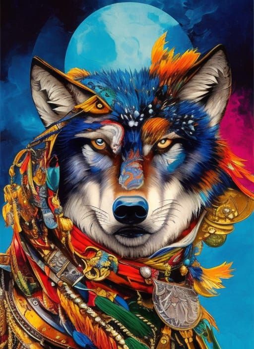 Wolf Pirate Captain Portrait with Parrot, Gouache Illustrati...