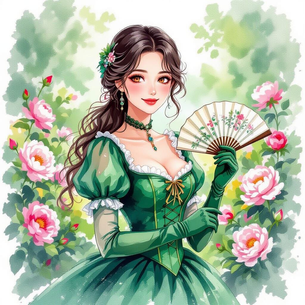 Victorian Woman in Emerald Gown in Watercolor Style