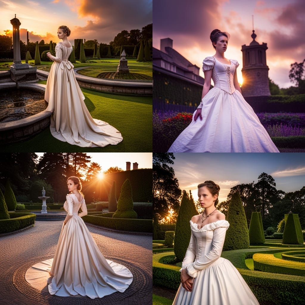 Elizabethan Woman in English Garden at Sunset