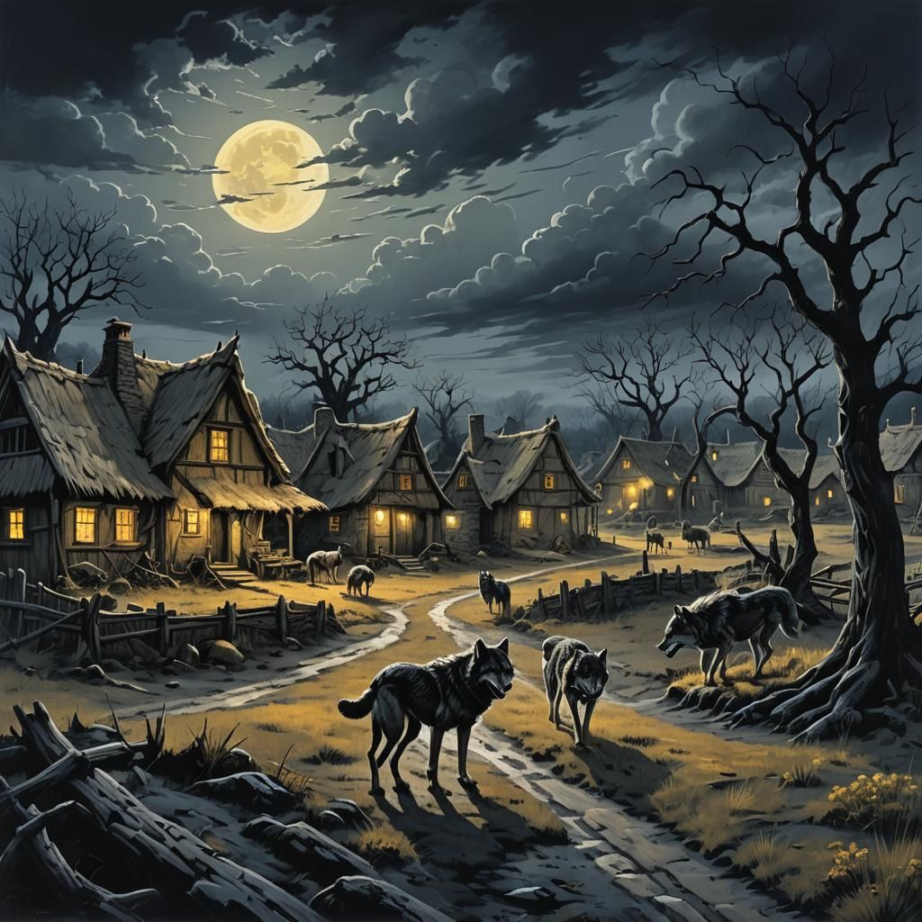 Ominous Dark Fantasy Landscape with Wolves in Village