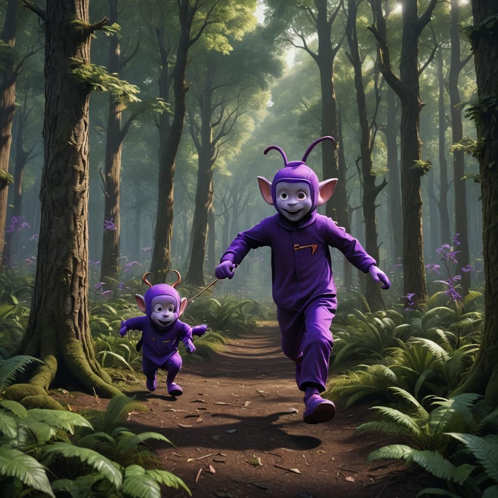 Giant Tinky Winky Runs Through Forest: Fantasy Art