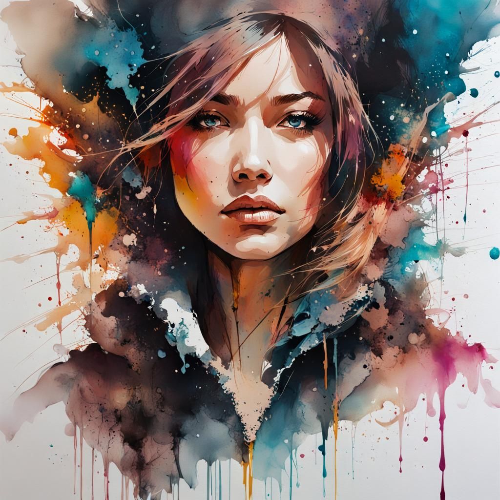 Dramatic Ink Splatter Portrait in Mixed Media Style
