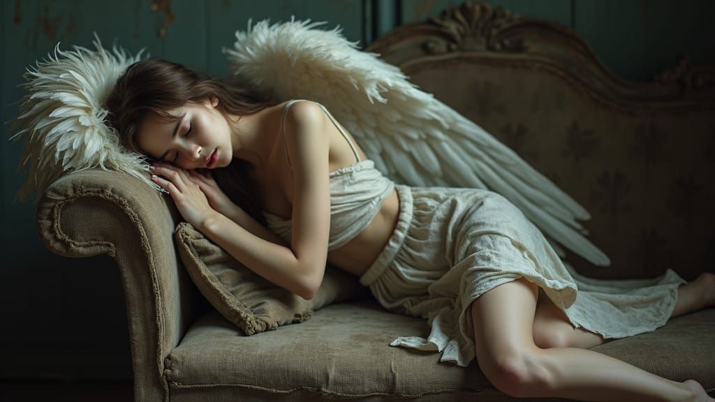 Serene Angel at Rest in Rustic Woodland
