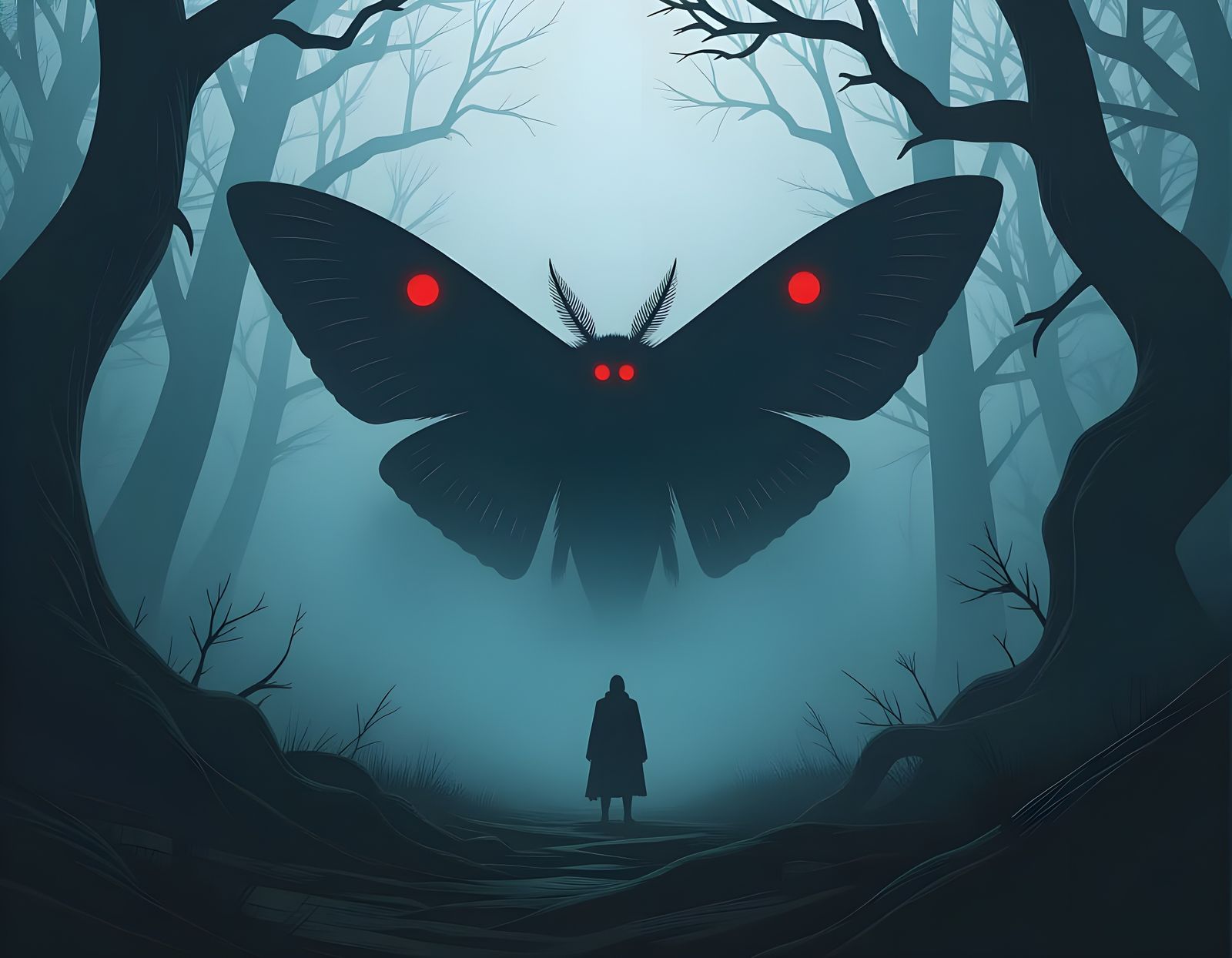 Eerie Spectral Mothman in Dimly Lit Forest