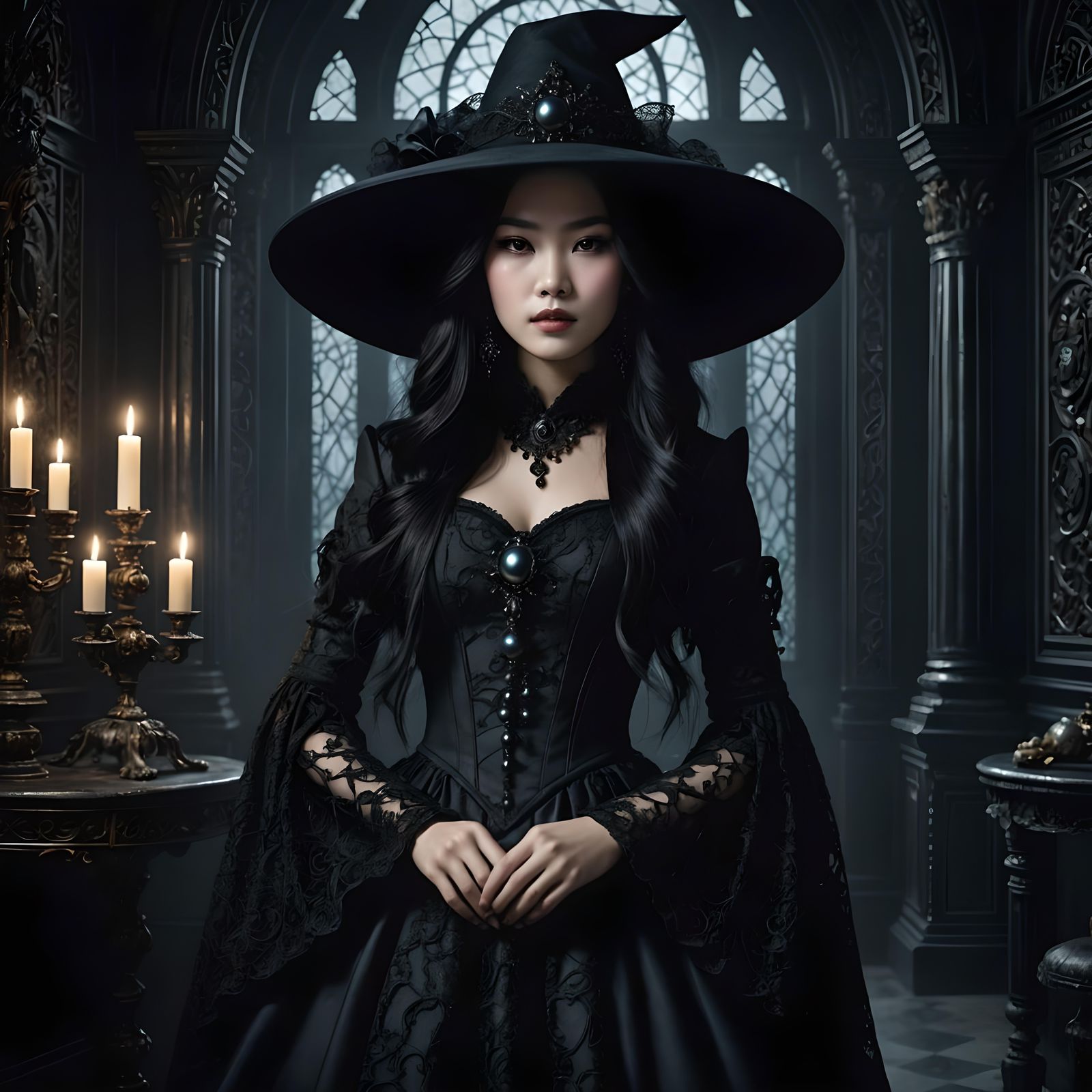 Enchanting Asian Witch in Gothic Dress: Digital Art