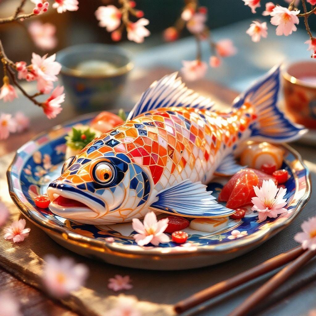 Watercolor Sushi Mosaic with Cherry Blossoms