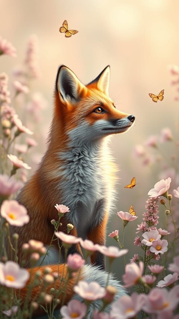 Fox in Vintage Garden Art Nouveau Painting