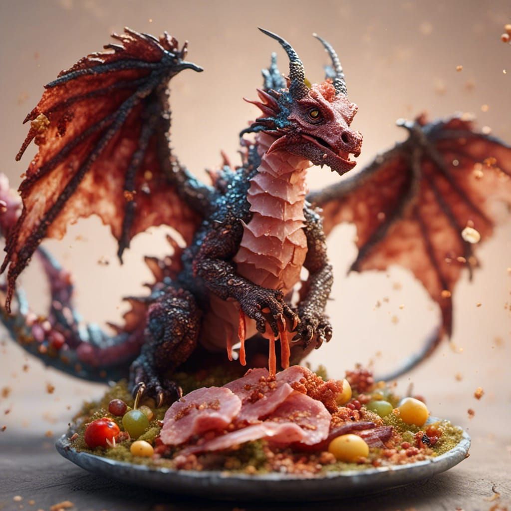 Hyperrealistic Tiny Dragon Eating Bacon Close-Up