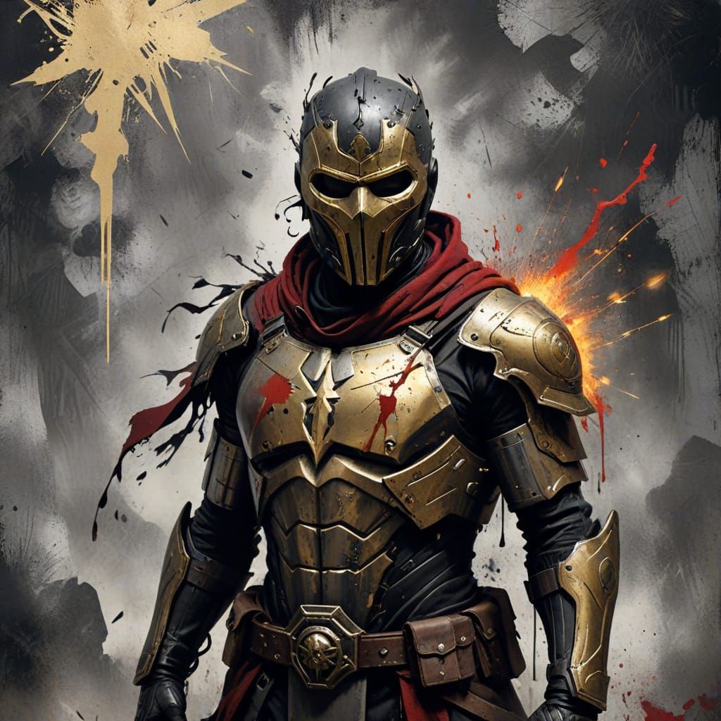 Grayscale Warrior with Vivid Accents in Street Art Style