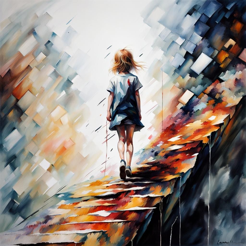 Girl Walks Abyss in Trompe-l'œil Style