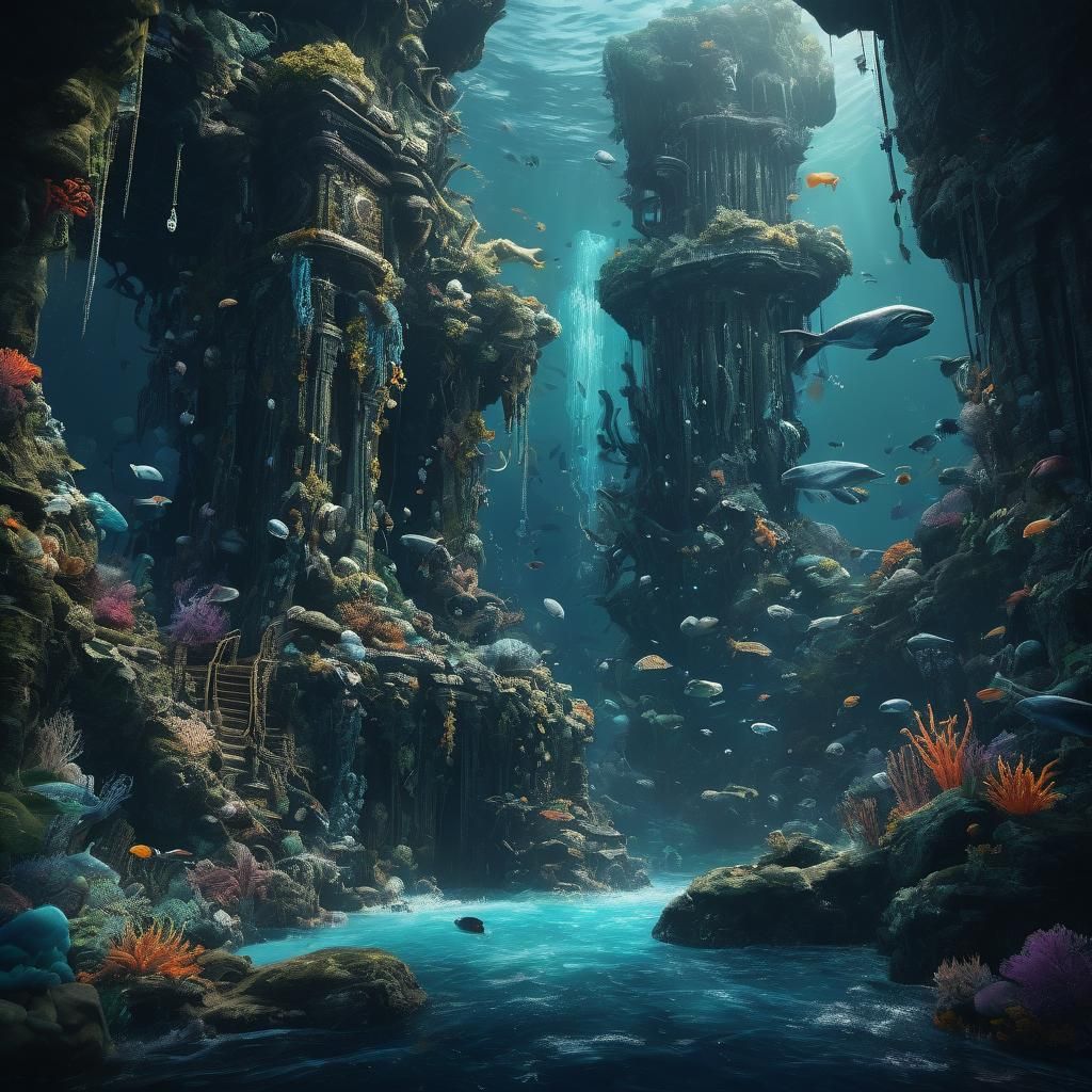 Underwater Waterfall with Fantasy Creatures in Deep Color